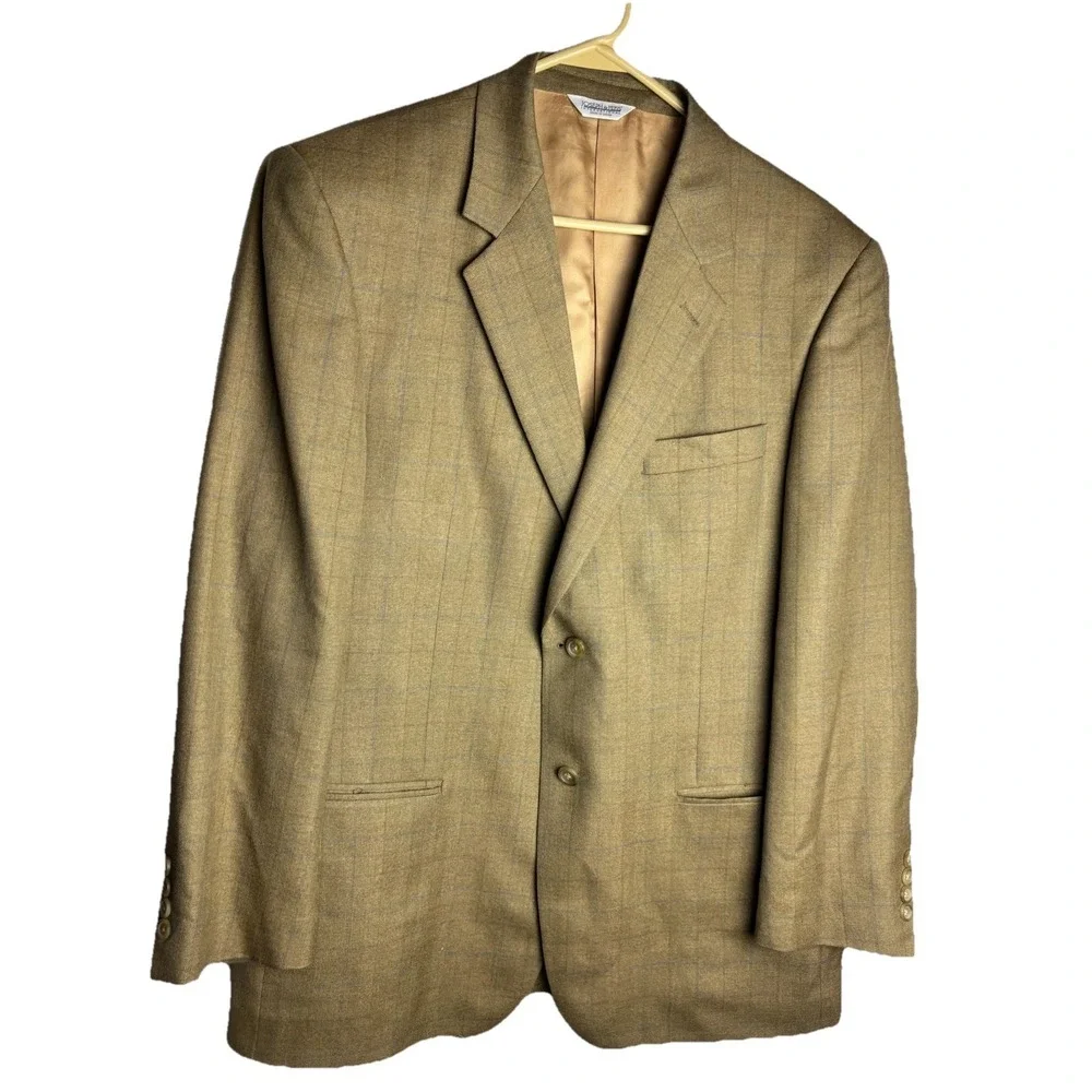 JOSEPH & FEISS Mens 43R Beige WINDOWPANE Wool & Silk Sport Coat Blazer Suit Coat